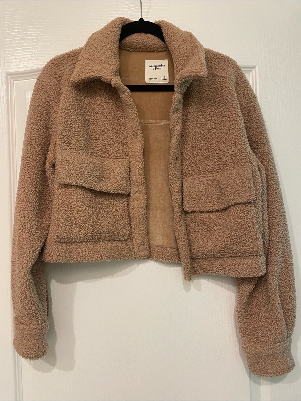 Abercrombie & Fitch Cropped Teddy Jacket in Tan